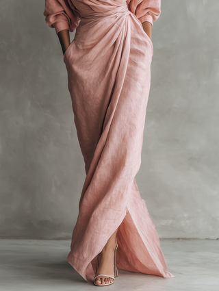 Pink Linen Maxi Dress V-Neck