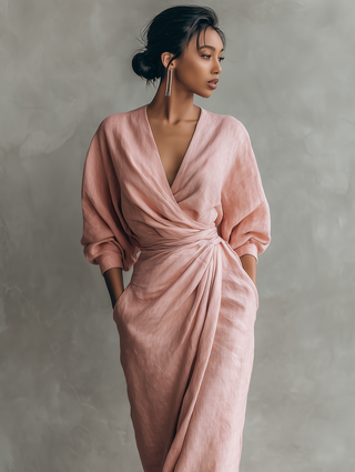 Pink Linen Maxi Dress V-Neck